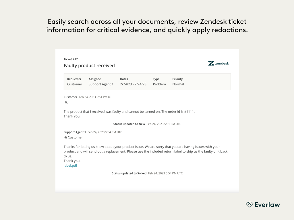 Everlaw dashboard view — Security, Risk and Compliance app on the Zendesk Marketplace